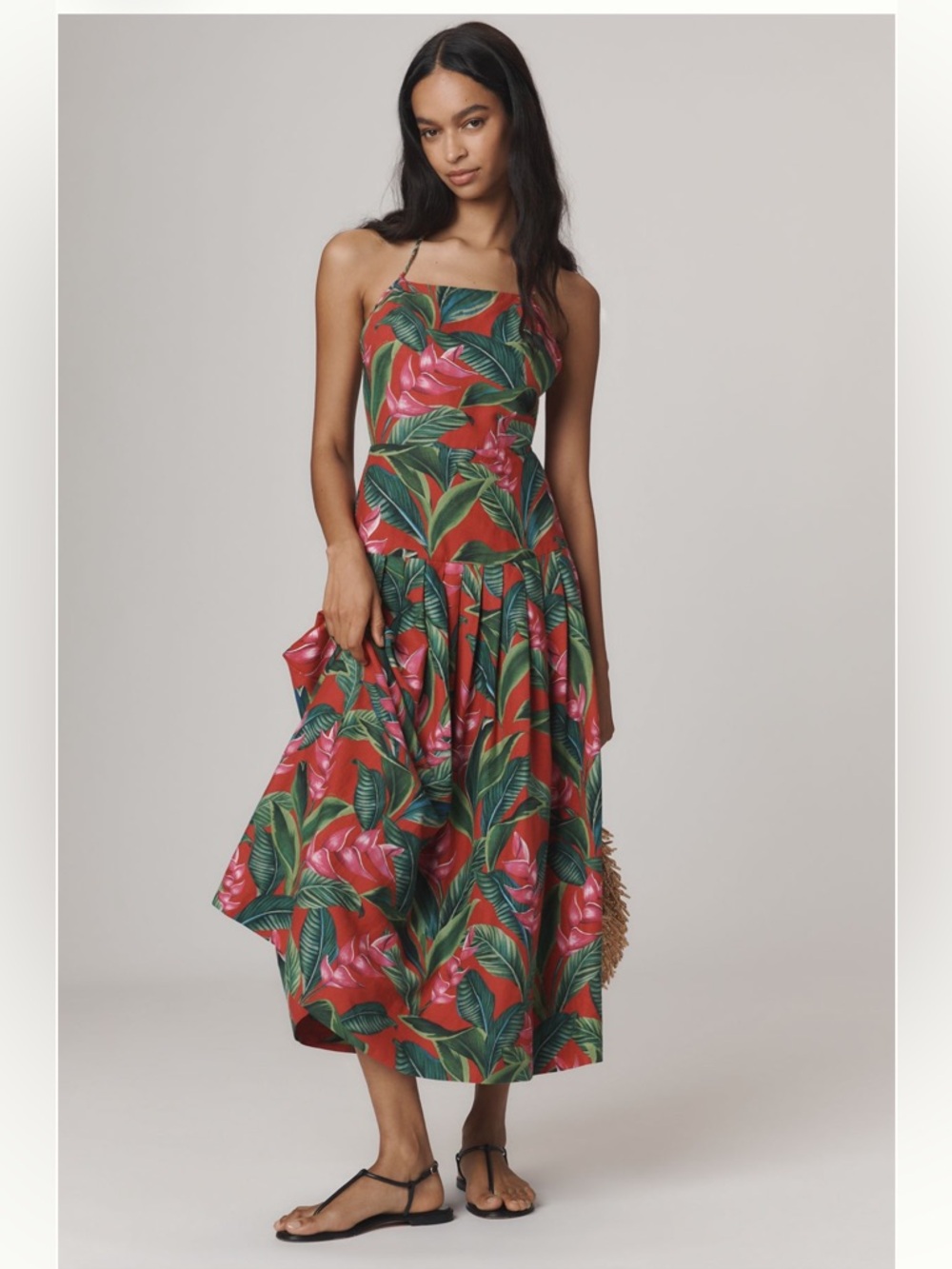 FARM RIO X ANTHROPOLOGIE Dream Garden Linen Blend Strappy DropWaist Dress Size M